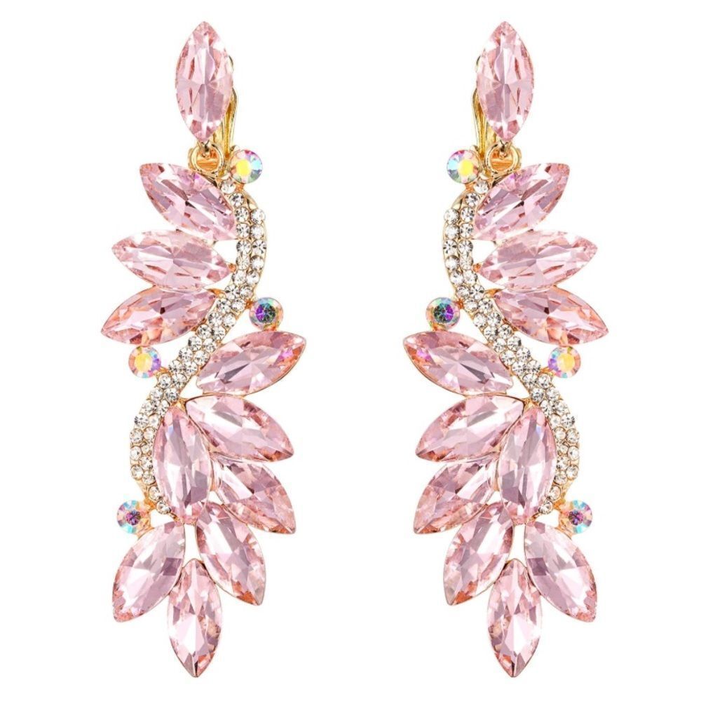 Yellow Gold with Pink Sapphire AB Austrian Crystal Clip On Chandelier Earrings